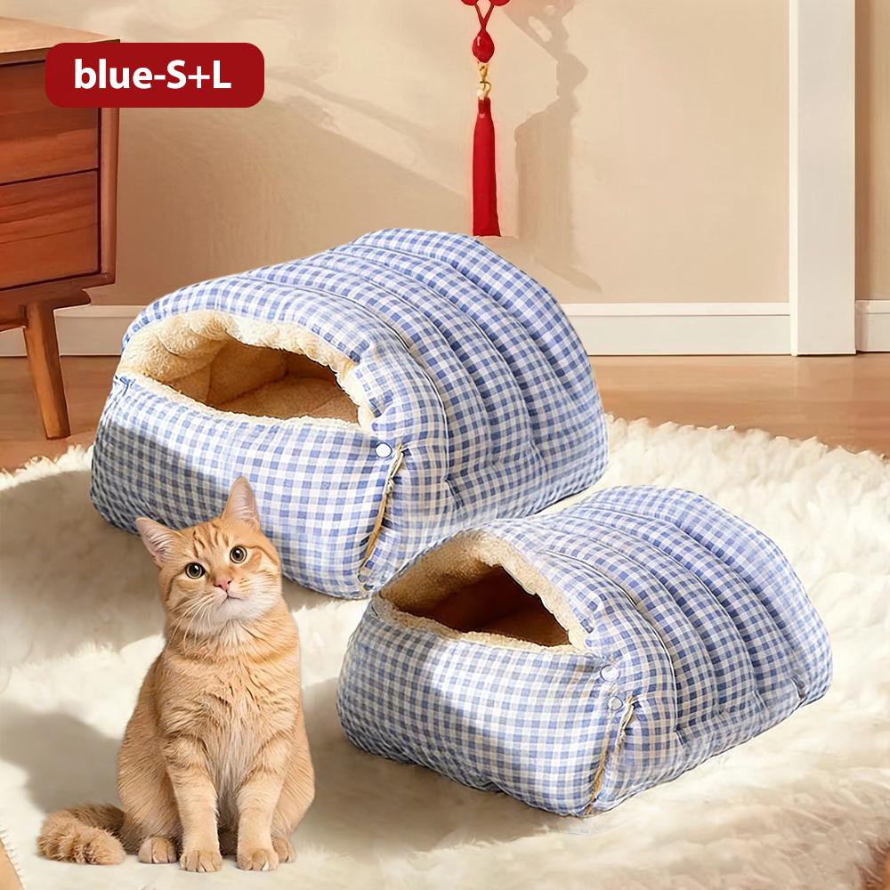

2Pcs Large & Small Cat House Set | 4 Colors Four Seasons Removable Washable Fully Enclosed Nest, Fits 1 Adult Cat/2 Kittens светло-голубой