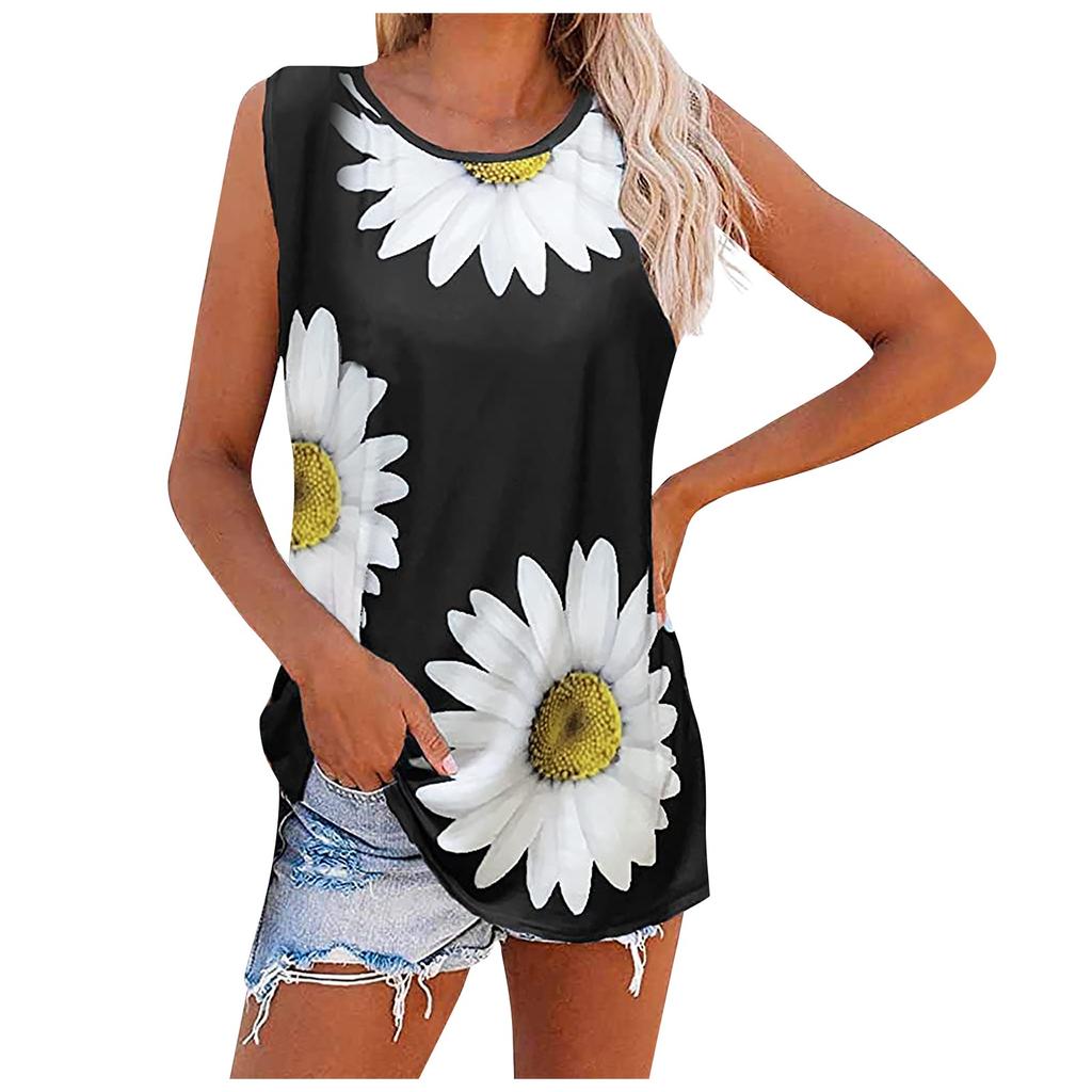 Women's Printed Tank Top Casual Loose Chrysanthemum Sleeveless Round Neck Top