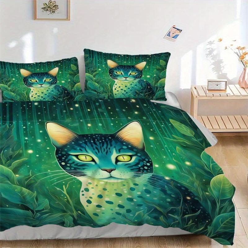 3pcs Forest Cat Bedding Set Down Comforter Cover and Pillowcases, Suitable for Guest Room Home Decoration All Seasons(No Insert) S0819053