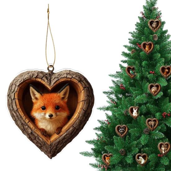 Heart-Shaped Animal Christmas Ornament 2D Flat Acrylic Forest Animal Decoration Woodland Pendant for Xmas Tree Decor Animals Lovers Gift