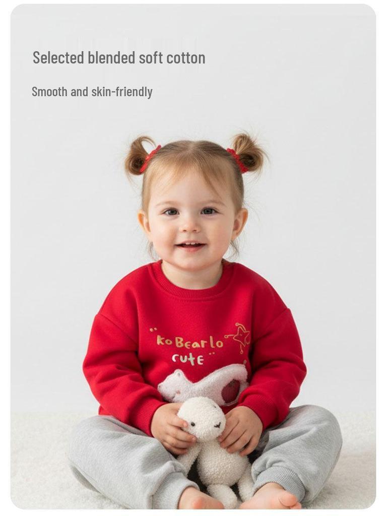 Kids Red Horse Year Velvet Hoodie Pullover for Infants & Toddlers (1-5 Years) – New Year's Outfit