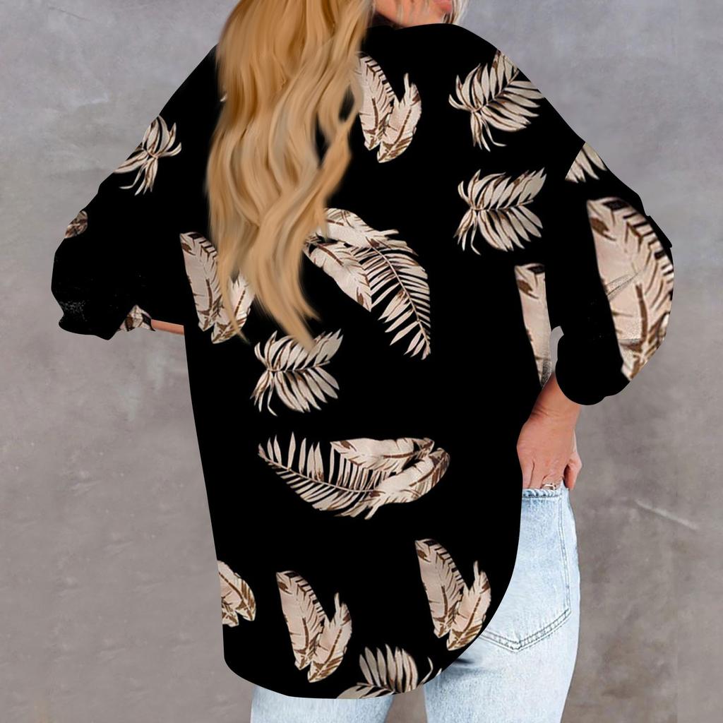 Women's New Button Collar Fashion Retro Printed Long Sleeves T-Shirt Slim Top Casual Tops