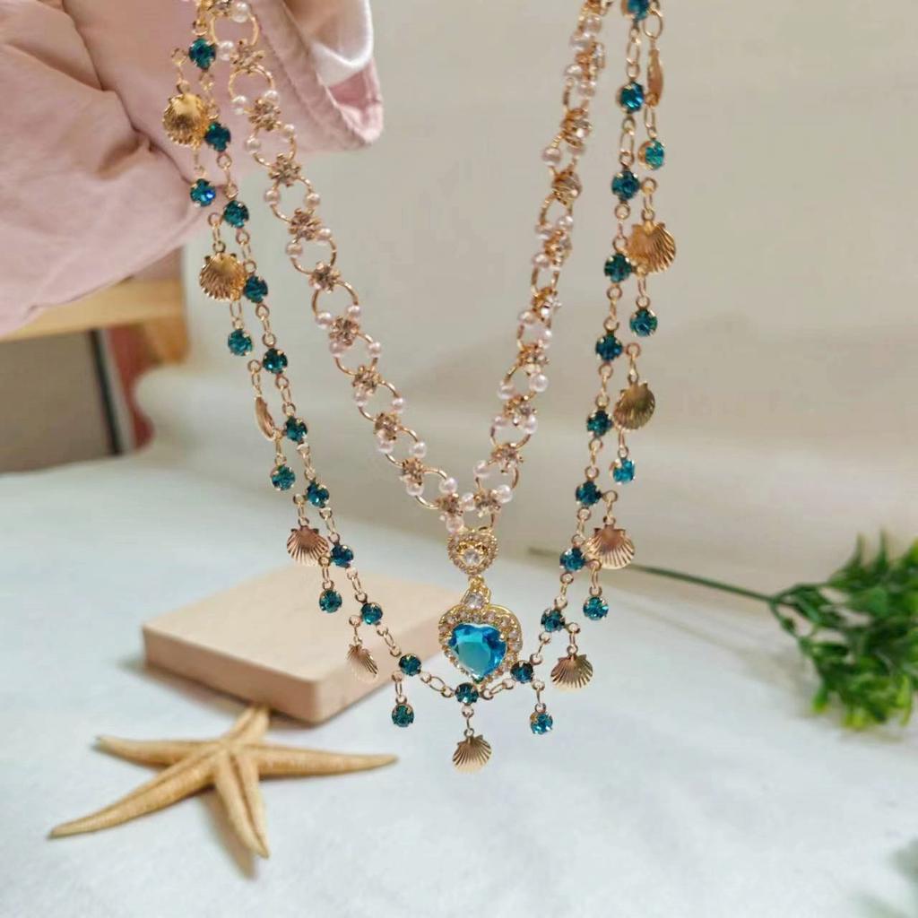 BLINGBAY Women's Pendant Necklace Blue Love Shell Original Design Double Layer Stacking Girl Princess Gold Charming Necklace Girl Birthday Gift