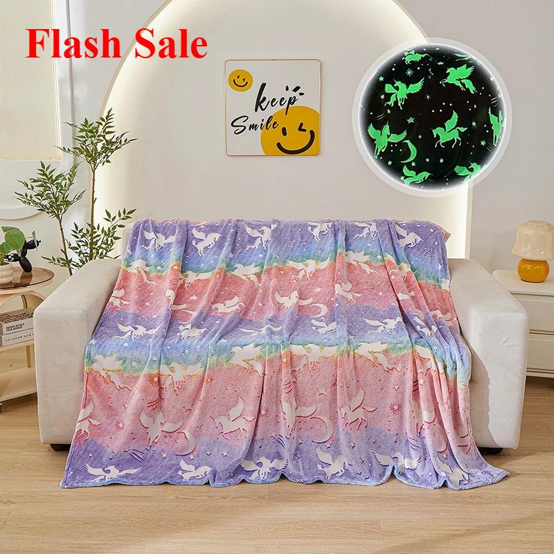2025 new luminous rainbow unicorn pegasus star flannel blanket machine washable printing and dyeing blanket