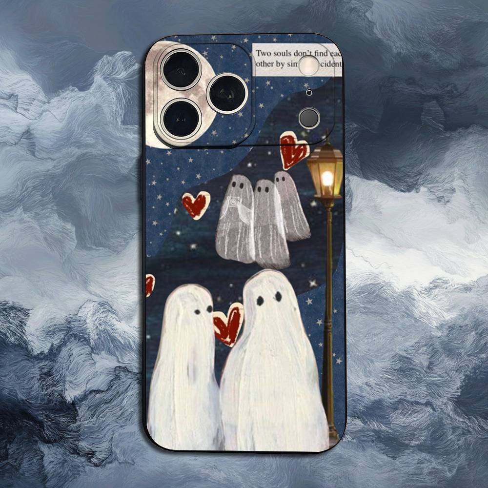 Lovely ghost Case For iPhone 12,14,15,16,17,13,11,X,Mini,Plus,Pro Max,8,7,XR,SE,XS,Soft Silicone Black