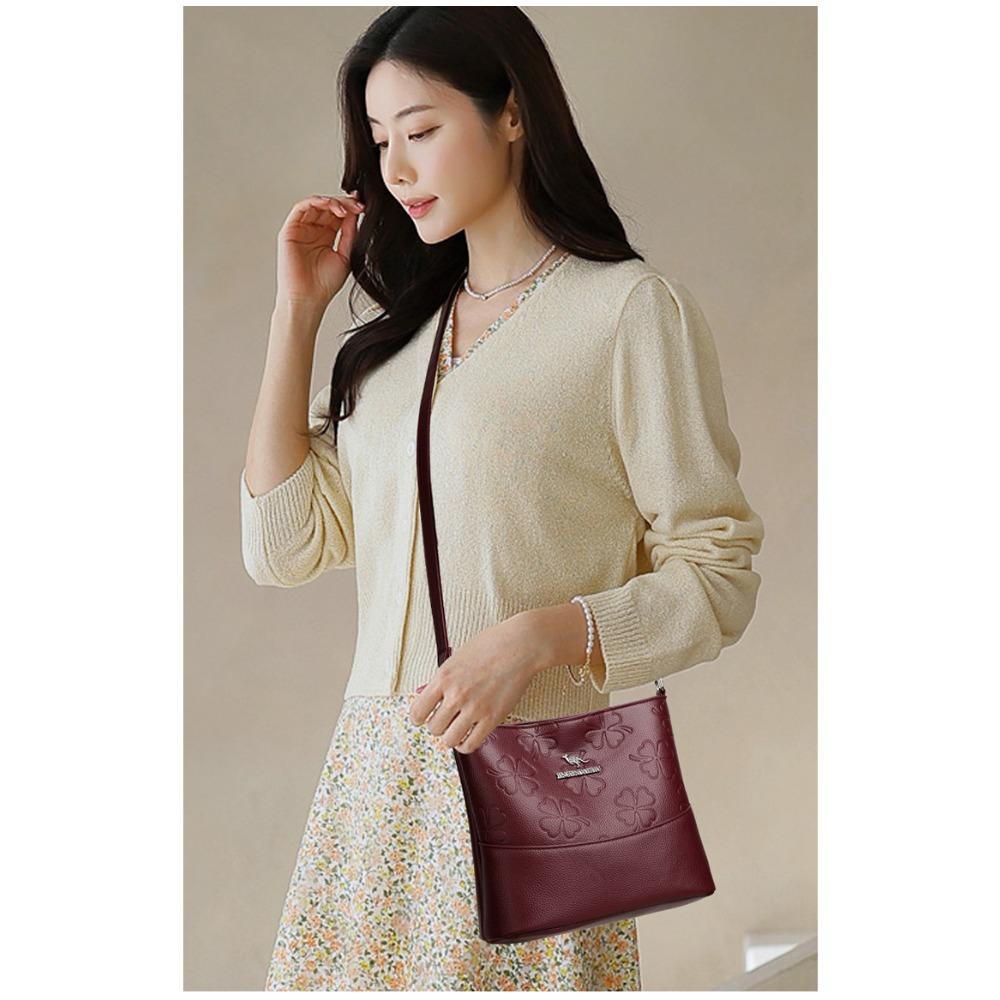 Women's Fashion Soft Leather Bucket Bag Large Capacity Shoulder Crossbody Bag For Middle-Aged Ladies
