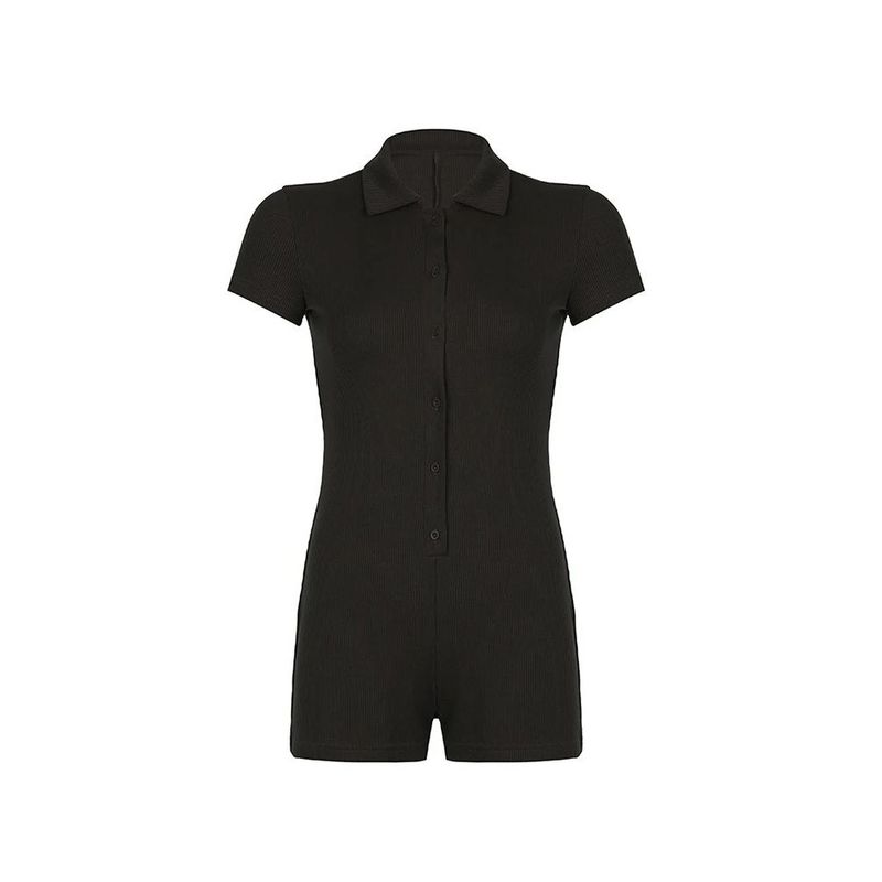 

Solid Color Lapel Brewed Casual Jumpsuit Solid Color Polo Collar Breasted Jumpsuit Black S