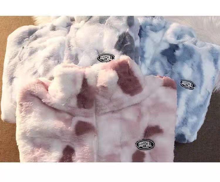 Women's Tie-Dye Double-Sided Fleece Jacket: Lazy Style, Loose Fit, Zipper, Stand-Up Collar, Autumn/Winter Fashion