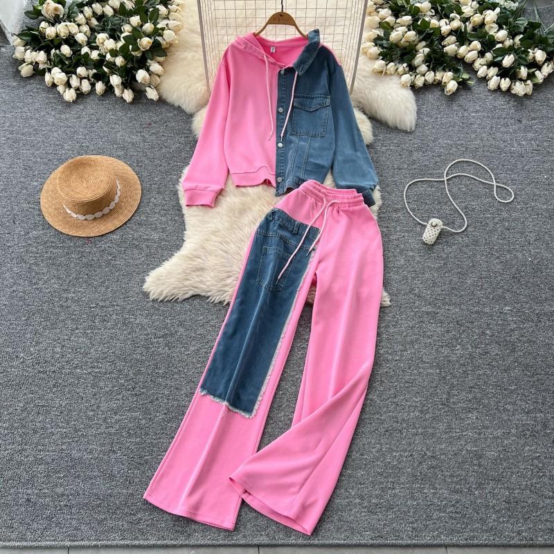 Womens Casual Two-Piece Set: Hooded Color-Block Top High-Waisted Wide-Leg Denim Pants 2025