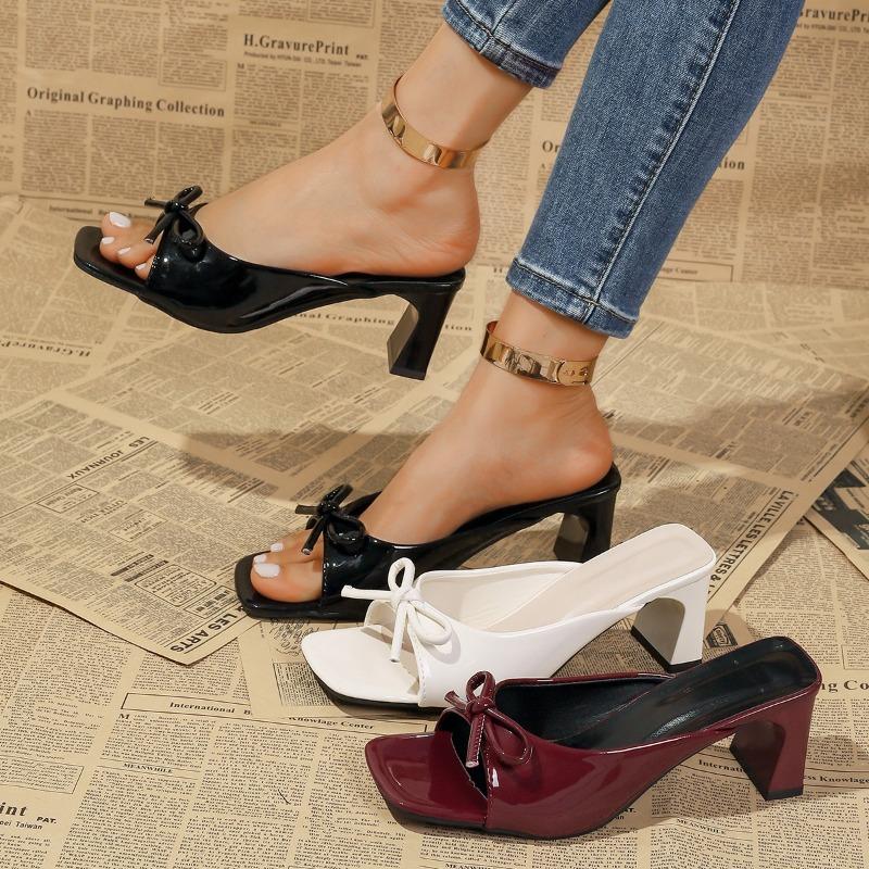 Schleife Damen Hausschuhe Sommer Neu Draußen Tragen Quadratische Zehen Blockabsatz Flip Flop Übergröße Hoher Absatz Cooles Wischen