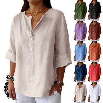 Women's Fashion Casual V-Neck Buttoned Seven Sleeve Cotton Linen Top