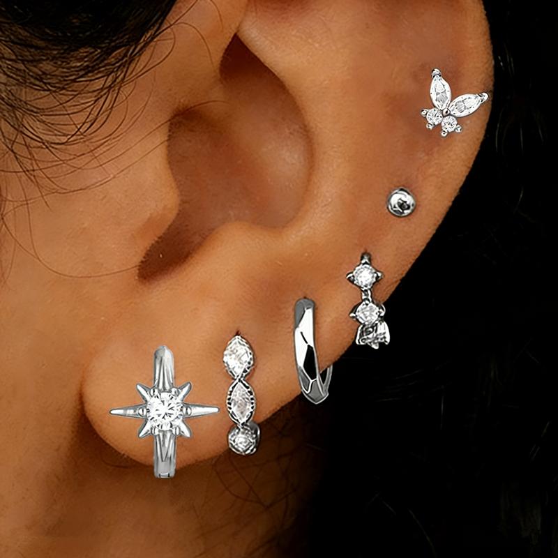 Set di 6 orecchini a cerchio Huggie in Cristallo Lucido per Donna Gioielli Trago Elica Borchie Cartilagine Farfalla Lotto di Piercing Lobe all'Ingrosso