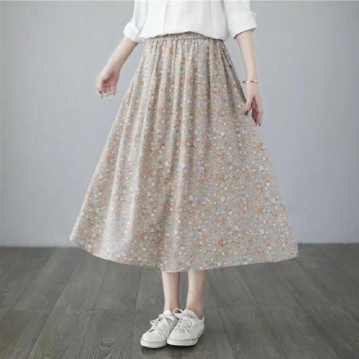 Floral High-Waisted A-Line Midi Skirt - Women s Fresh Summer Style 4XL абрикосовый