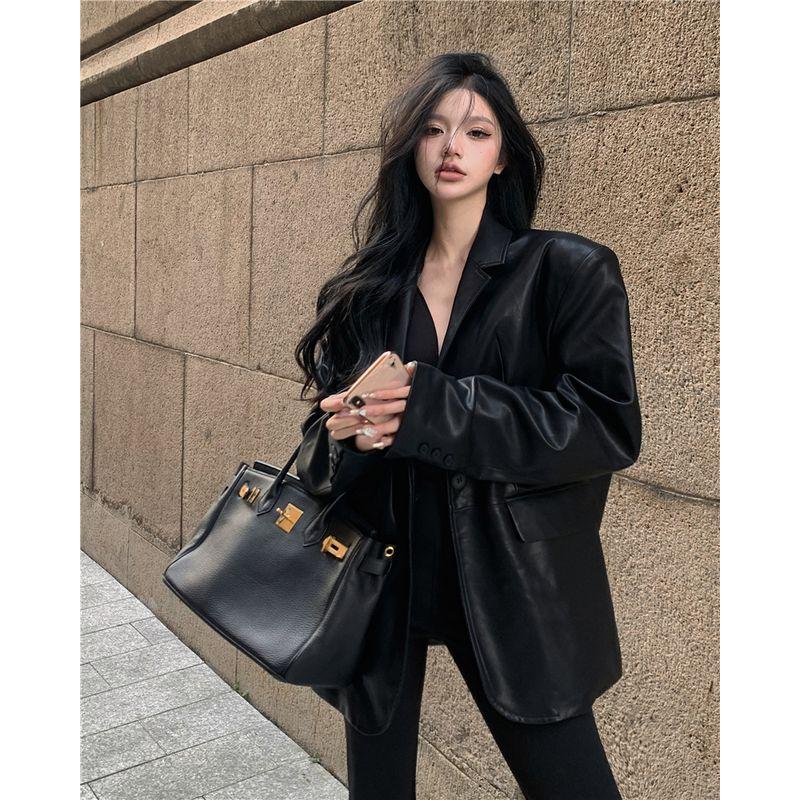 Kumikumi High Sense Black Lapel Long Sleeve Leather Coat Outerwear Women Autumn All-Match Loose Slimming Temperament Top