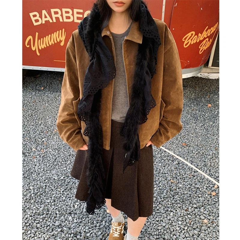 Sweet Korean Style Y2K Scarf Women Winter Soft Warm Scarf Harajuku Lace Patchwork Plush Scarf