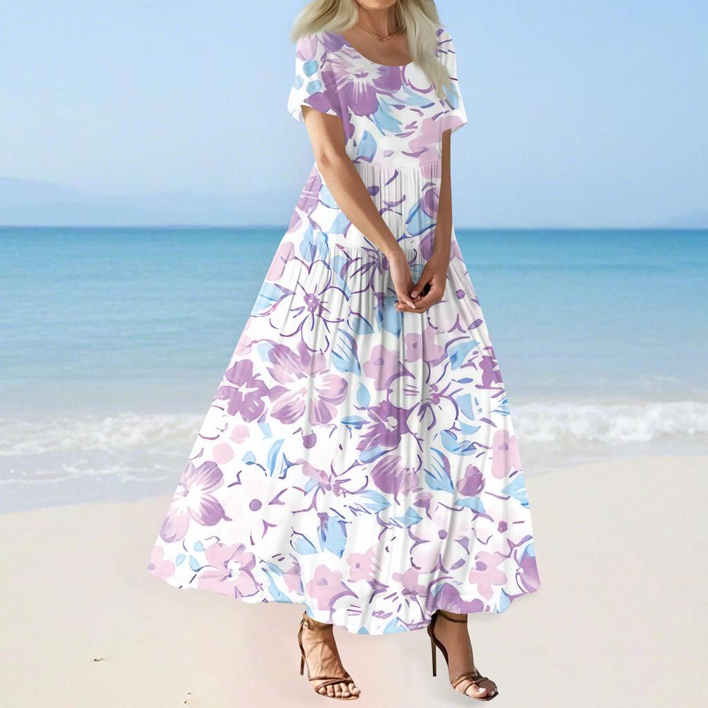 Damen Sommer Casual Blumendruck Kurzarm O-Ausschnitt Hohe Taille A-Linie Stufen Fließendes Boho Maxikleid