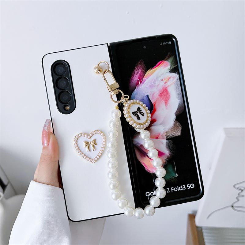 Roztomilý Pearl Love Heart Chain přívěsek Pouzdro na telefon pro Samsung Galaxy Z Fold 4 3 5 Kryt Kožený pant Ochranná pouzdra pro Samsung Z Flip 3 Z flip 4 5