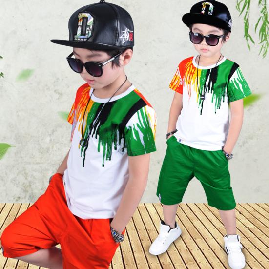2 Pezzi Stile Hiphop Bambino Ragazzo Maglietta a Maniche Corte Top Pantaloni con Elastico in Vita Outfit
