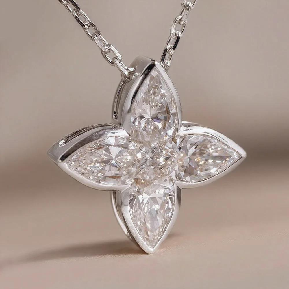 Exquisite Full Moissanite Pendant Necklaces Fashion Flower Pear/Round Cut Diamond Neck Chain S925 Silver Wedding Jewelry Gifts