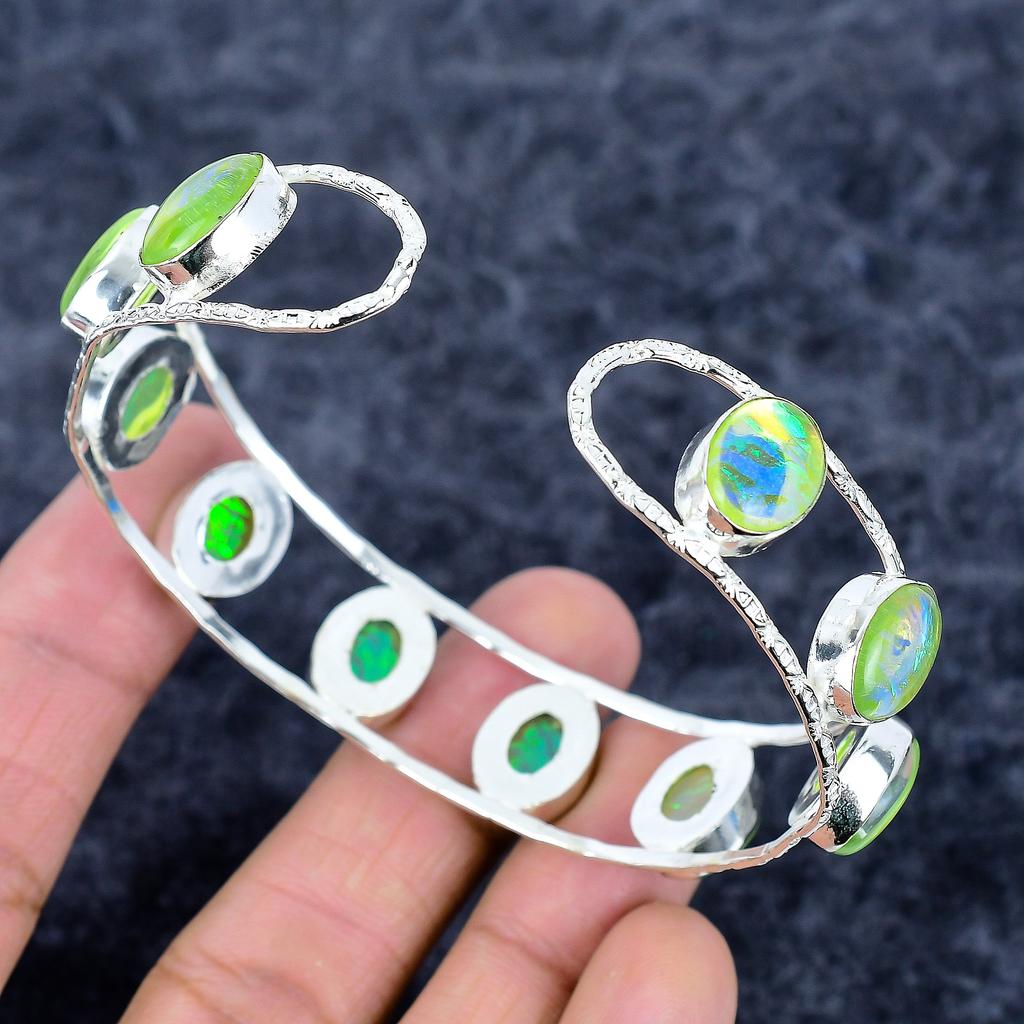 Green Triplet Opal Gemstone 925 Sterling Silver Cuff Bangle Adjustable M-3319