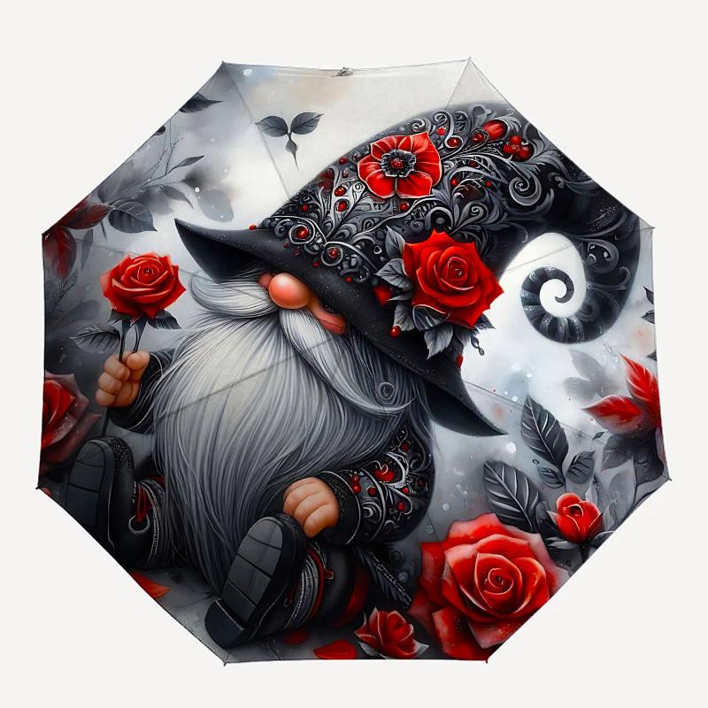 Gnome, RosesThemed Automatic Opening and Closing umbrella 8 Ribs, Suitable for Leisure and Going Out, Outdoor Accessory, Gothic Style, Fas