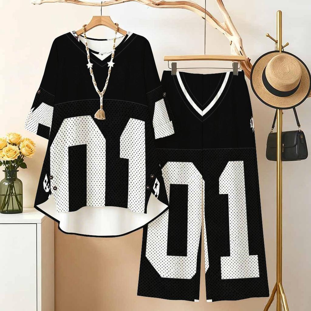 Women Plus Size Printed Two Piece Set Round Neck 3 4 Sleeve High Low Top And Wide Leg Pants