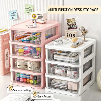 Cute Desktop Stationery Storage Organizer Plastic with Clear Drawers Handle for Home Office Dorm Desktop Organization