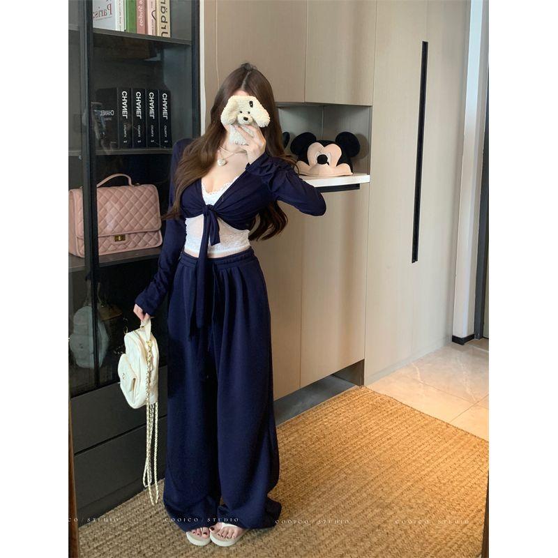 Kumikumi Design Thin Lace T-shirt Inner Wear Lace Sling Women Autumn Slimming Casual Pants Three-Piece Set