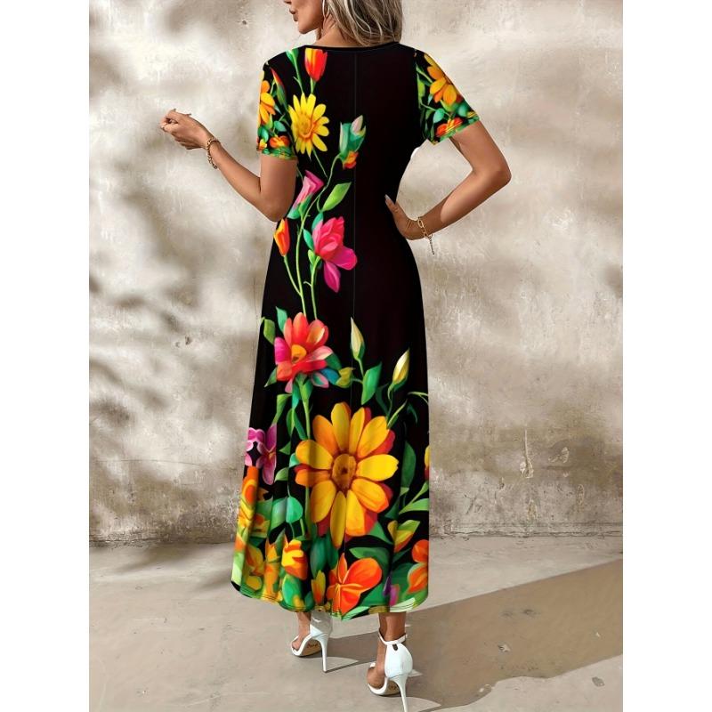 Casual Stylish Floral Print Round Neck Dress, Short Sleeve Pocket Dress, Suitable for Spring And Summer, Women'S Clothing