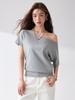 Women's Solid Color Asymmetrical Off-Shoulder T-Shirt, Short Sleeve, Summer 2026 Style, Loose Fit, Slimming, High-End Fashion