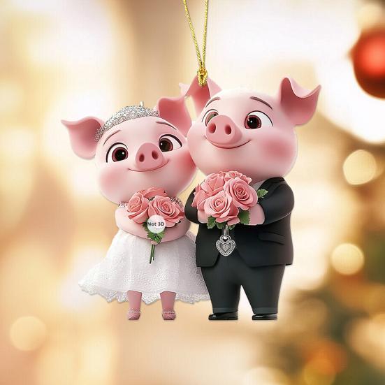Pig Car Hanging Ornament 2D Acrylic Valentine’s Day Decoration Cute Love Theme Pendant for Rearview Mirror Wedding Party Decor