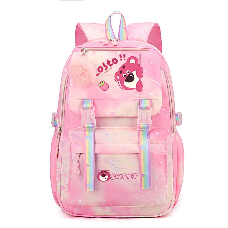 College Style Strawberry Bear Cute Cartoon Print Student Schoolbag Lightweight Ridge Protection Large Capacity