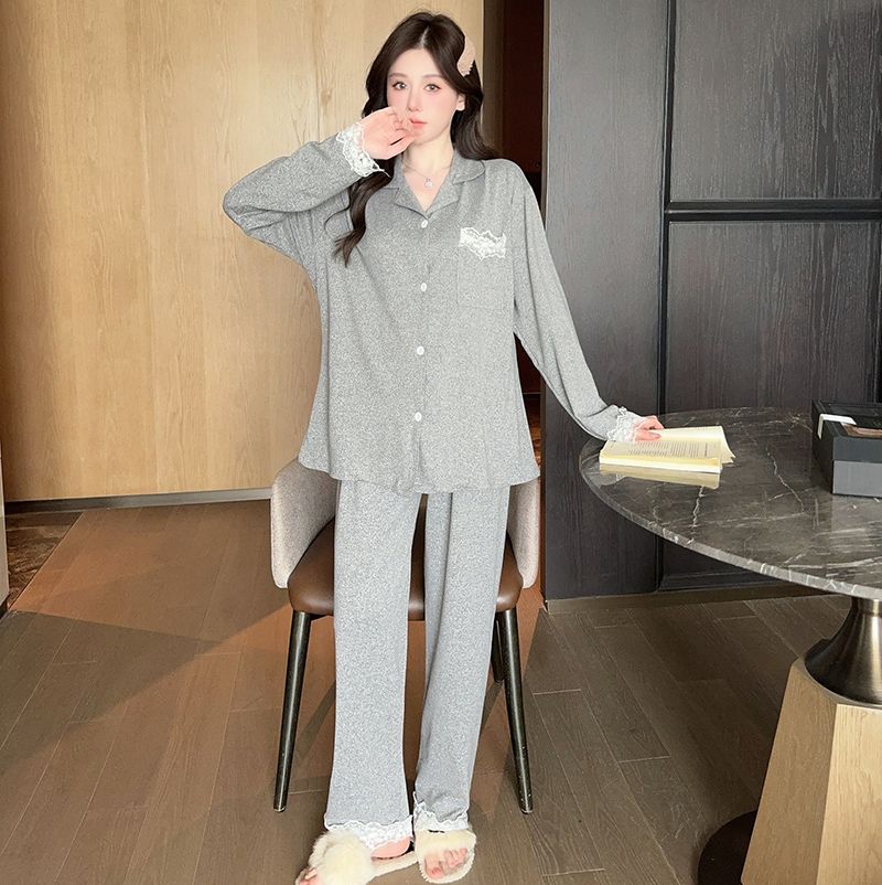 Spring Autumn Rest Pajamas for Women Korean Fashion Long Sleeve Tops and Pants Sleepwear Casual Lace Splicing Lapel Loungewear