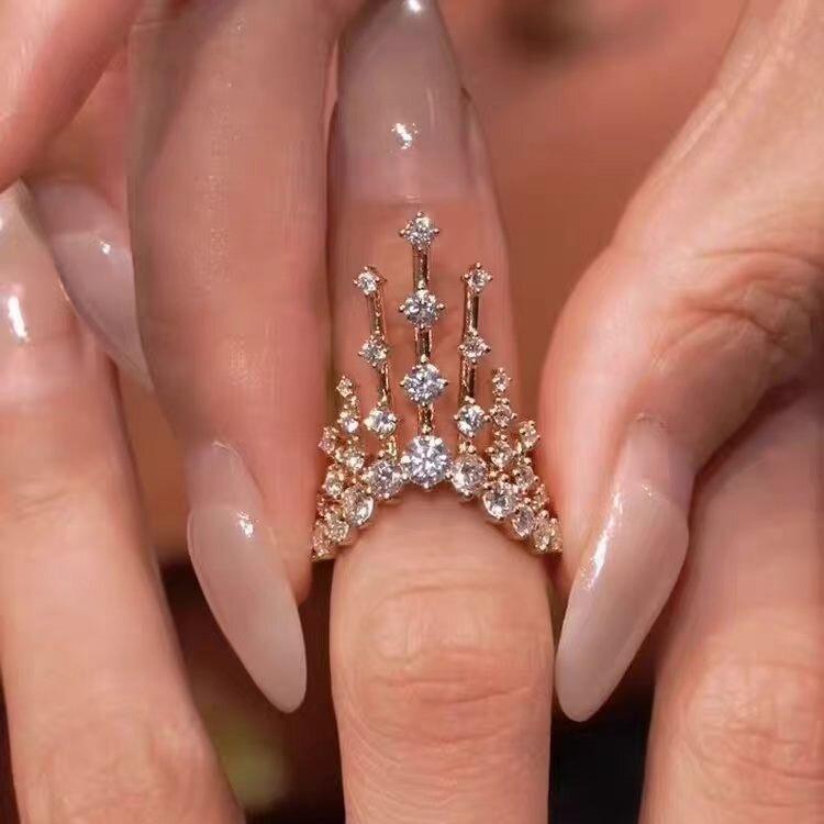 Light luxury new high-end gold row diamond V-shaped crown ring fashionable versatile index finger ring simple niche ring