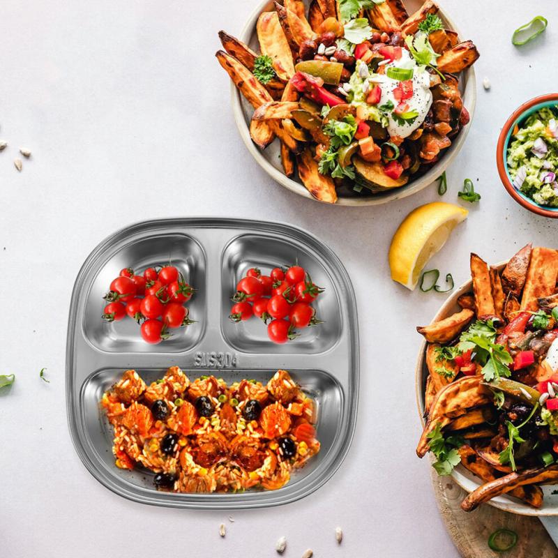 2pcs 304 Stainless Steel Divided Plates Tray For Kids Picnics