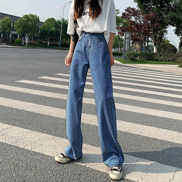 2021 Korean Style High-Waist Loose Straight Jeans for Women - Summer & Autumn Wide-Leg Drape Pants