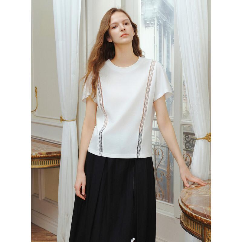 ELLE Women s Hollow Lace Patchwork Short Sleeve T-Shirt S