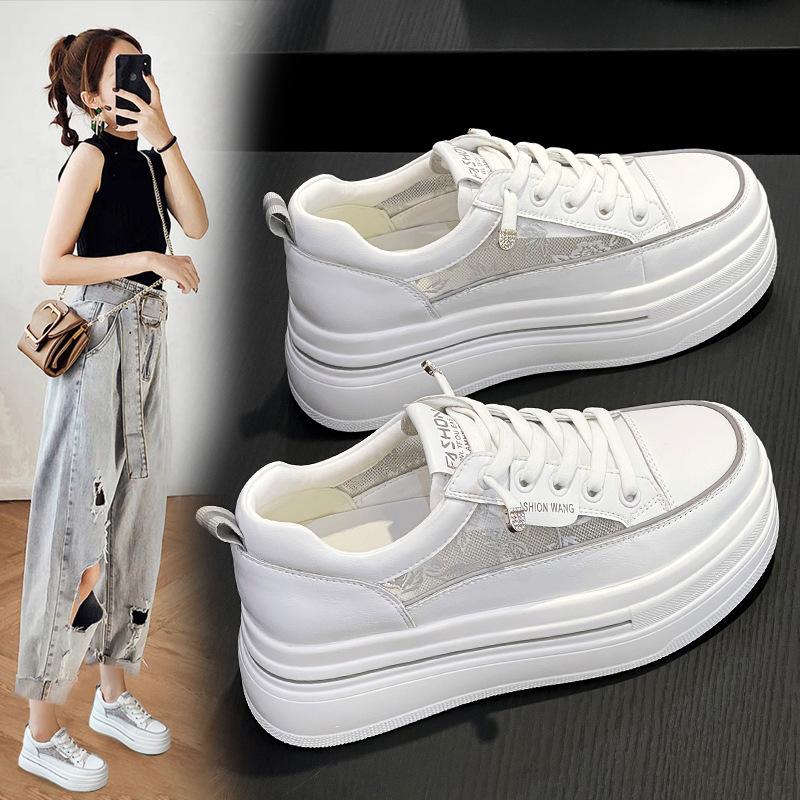 Women's Hidden Wedge Platform Shoes 2025 Summer Genuine Leather Breathable Mesh White Sneakers Casual Versatile