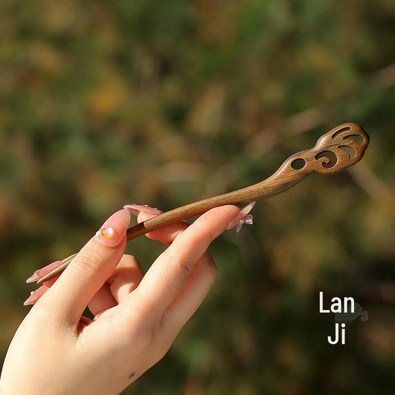 High-End Natural Ebony Wood Hairpin - Extended Chinese Ancient Style Black Hair Bun Accessory