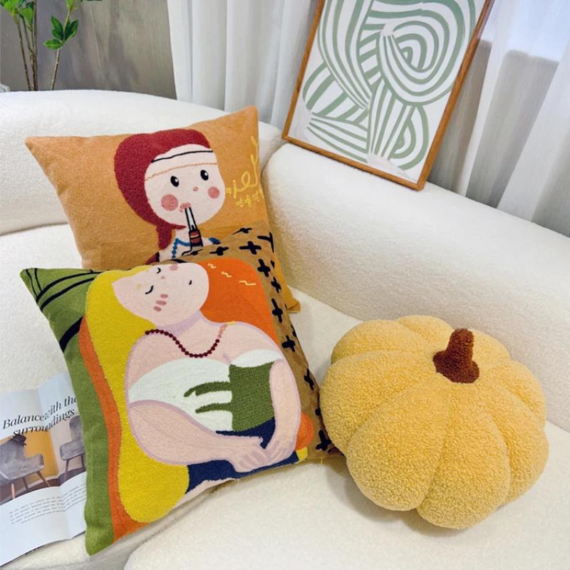 Cartoon Oil Painting Embroidery Cute Throw Pillow Office Chair Cushion Living Room Bedroom Rchair Cushion Window Pillow Cover