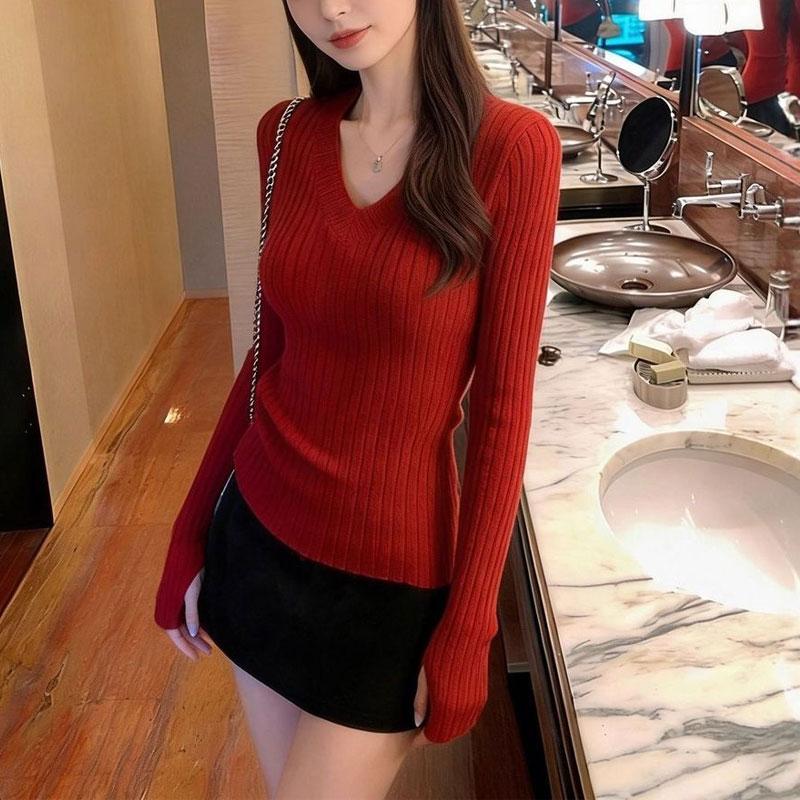 

Vintage Solid Color Slim Knitted Pullovers Women s Clothing American V-Neck Autumn Winter Hotsweet Long Sleeve Basic Sweaters S червоний