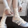 Spring Children's Sock - Seamless Woven Floral Mesh Breathable Mid-high Ankle Cotton Socks with Wooden Ear Cuffs and Piled Up Toes