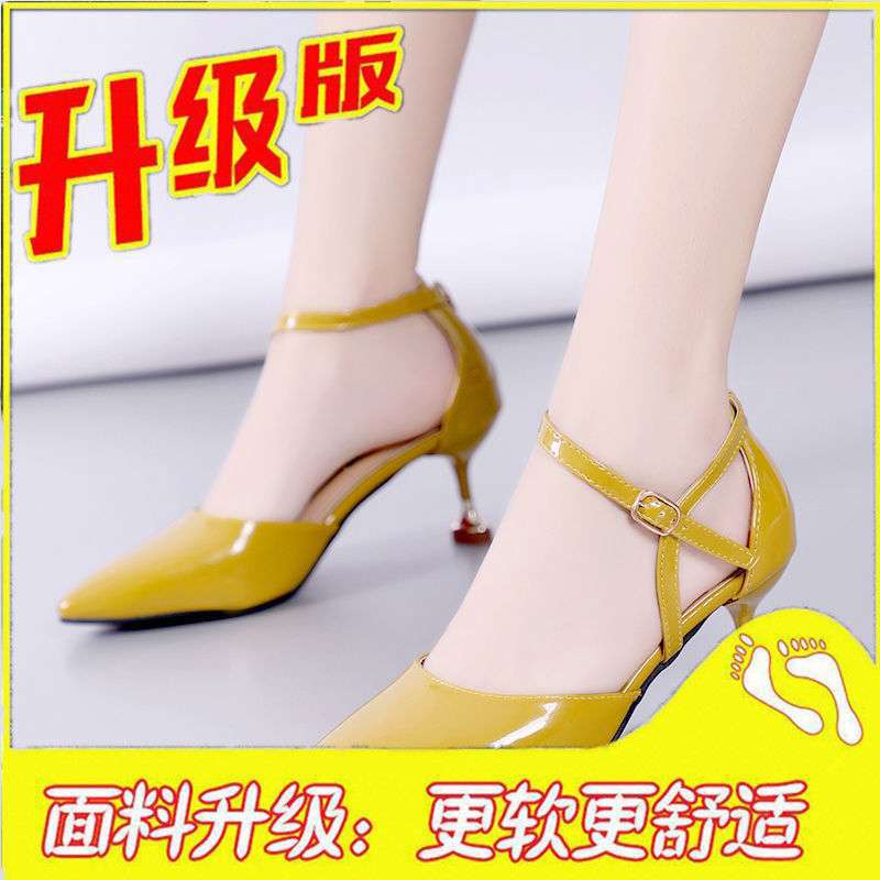 Korean version 2025 summer new pointed patent leather thin heel high heel sandals middle heel bag head one-word buckle sexy and thin women's shoes