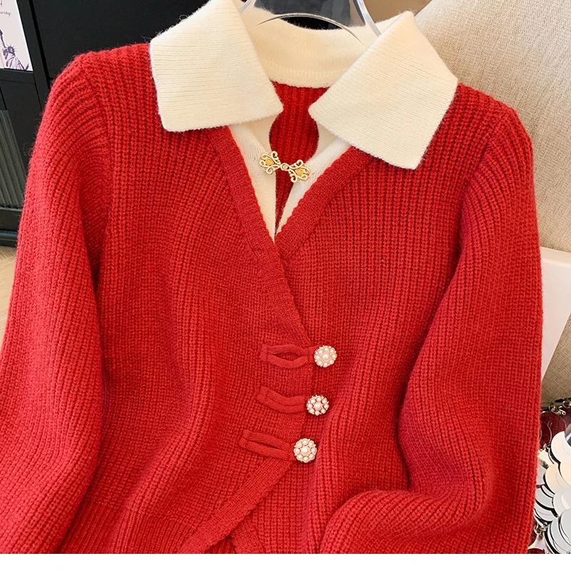 Autumn Spring Design Splicing Slim Women Knitted Cardigan Sweater Jacket Fashion Fake Two Items Loose Ladies Top