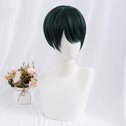 Men's Harajuku-style Green Short Wig, Semi-Long, Fashionable, with Net, Natural, Unisex