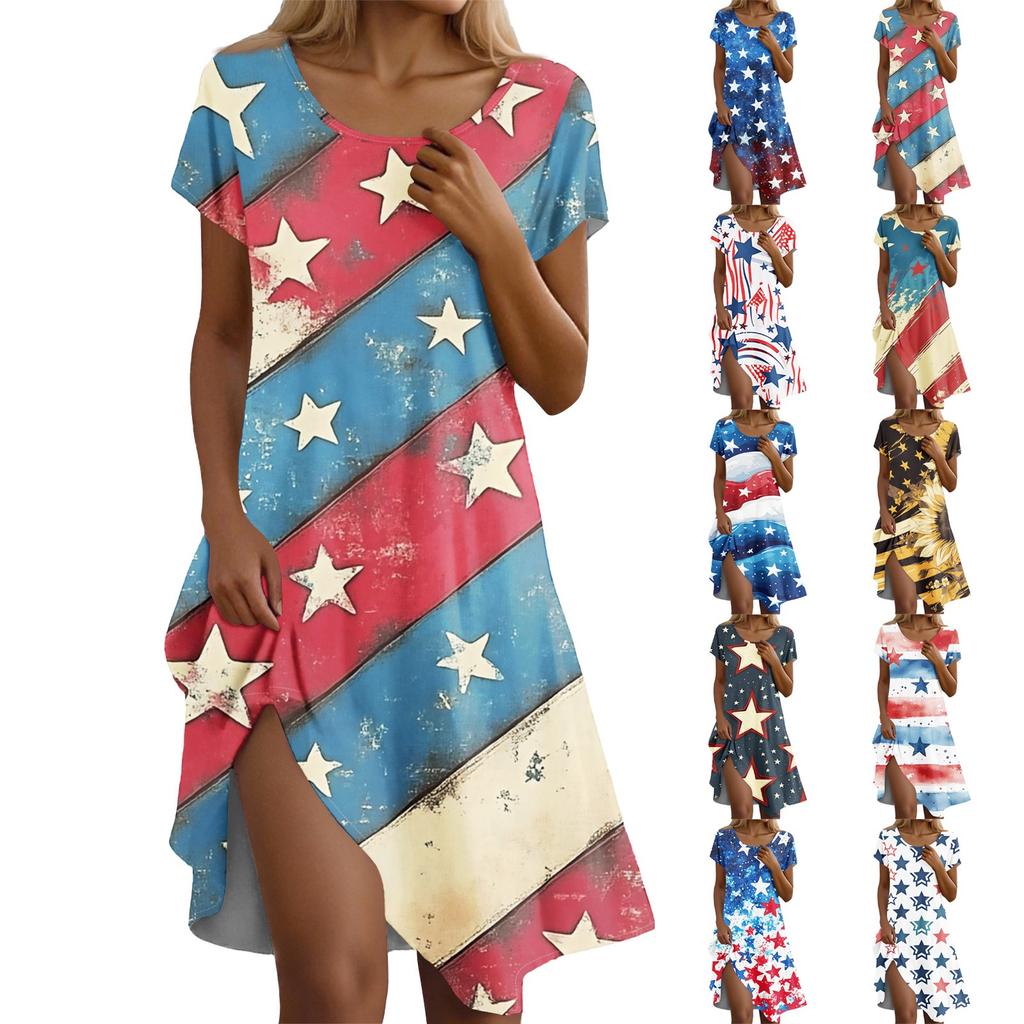 Short Sleeve Boho Dress For Women Casual Loose Fit Summer Sundress Print Dress With Pockets