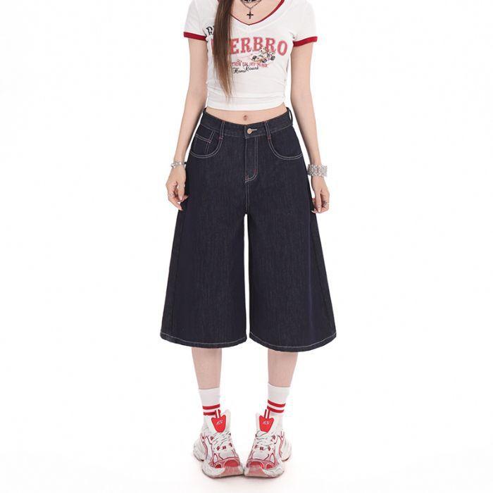 Fashion Denim Dark Blue High Waist Loose Wide Leg Cropped Capri Denim Pants For Women Trendy Versatile Slimming FigureFlattering Casual Capri Trousers