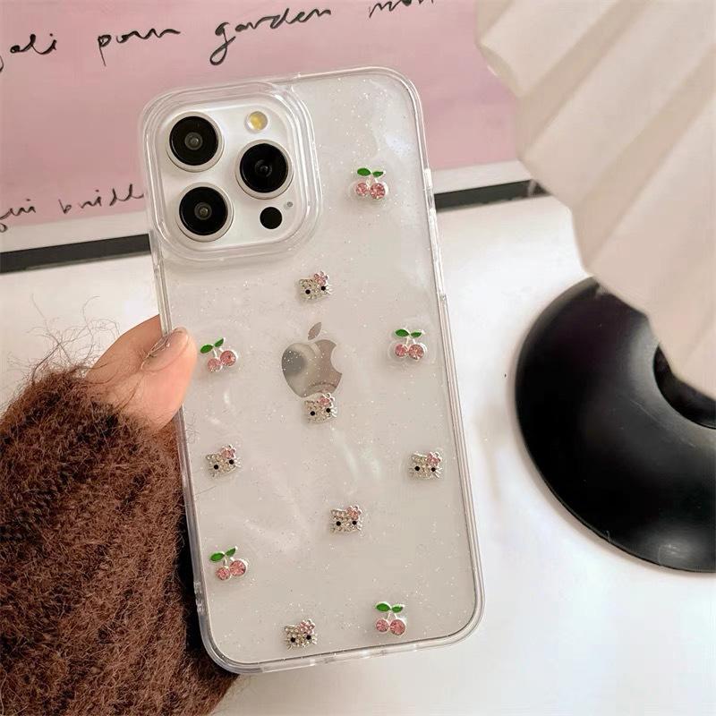 Abstract KT Cat Cherry Phone Case for IPhone17promax Glitter for Apple 15plus Epoxy 14 Transparent