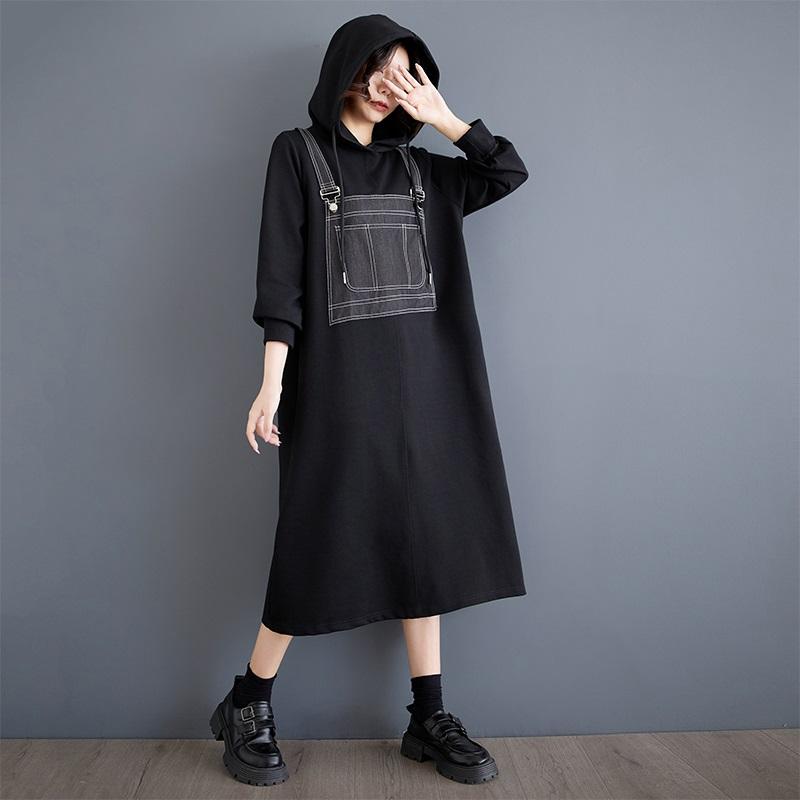 Long Sleeve Oversized Black Hooded Vintage Patchwork for Women Casual Loose Spring Autumn Sweatshirt Dress