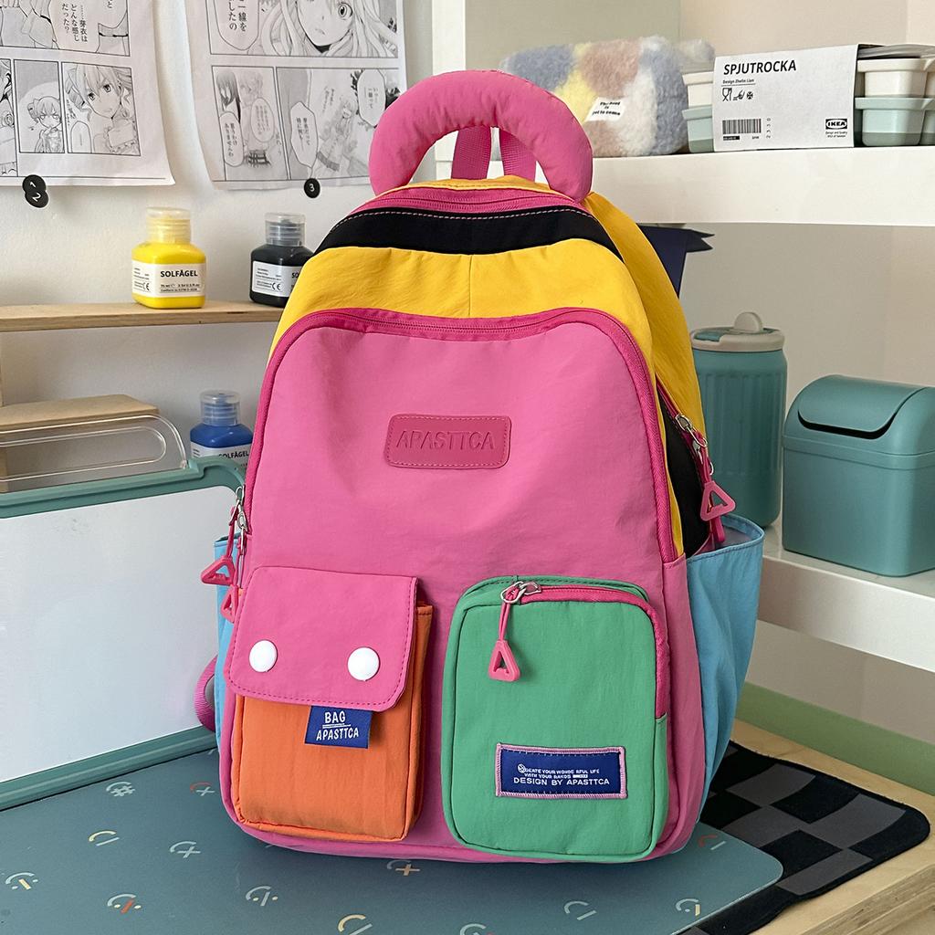 School Bag New Dopamine Backpack for Women, Large Capacity Color-Block Casual Travel Lightweight Backpack for Middle and High School Students